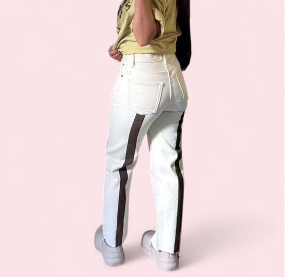 STILL HERE Teak Childho Jeans in Vintage In Bone Cream back Brown Striped 27